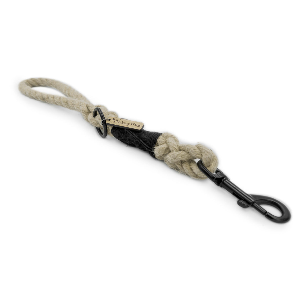 Smug Mutts Handmade, Organic, Natural Hemp Traffic Lead with Black Whipping, Black Spring Snap Clip and a Black O-Ring, Natural and Eco Friendly Dog Lead