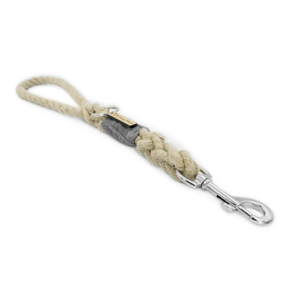 Smug Mutts Handmade, Organic, Natural Hemp Traffic Lead with Grey Whipping, Sliver Spring Snap Clip and a Silver O-Ring, Natural and Eco Friendly Dog Lead