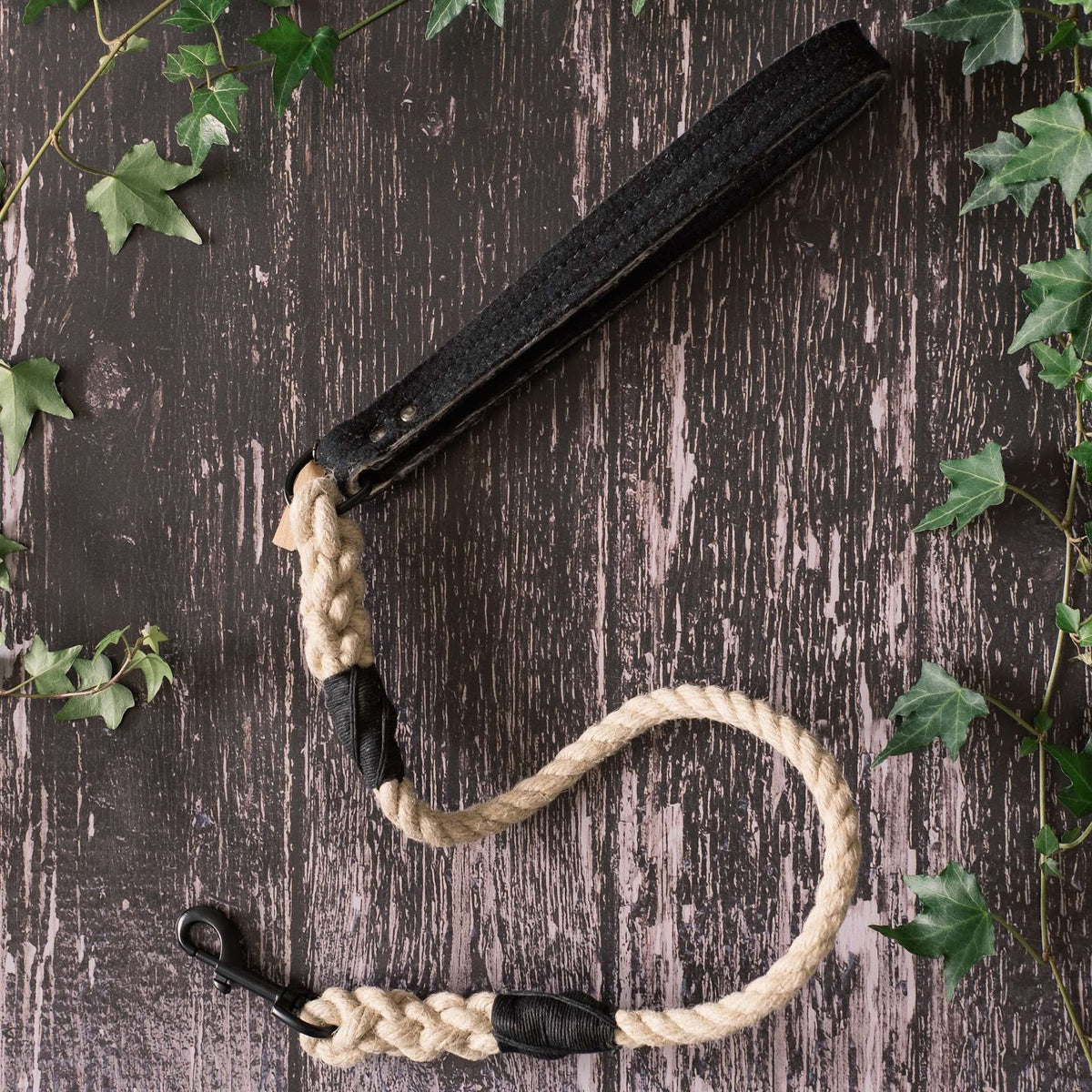 Smug Mutts Natural Hemp and Black Wool Felt Handle Lead with Black Whipping and Black Spring Snap, Natural and Eco Friendly Dog Lead