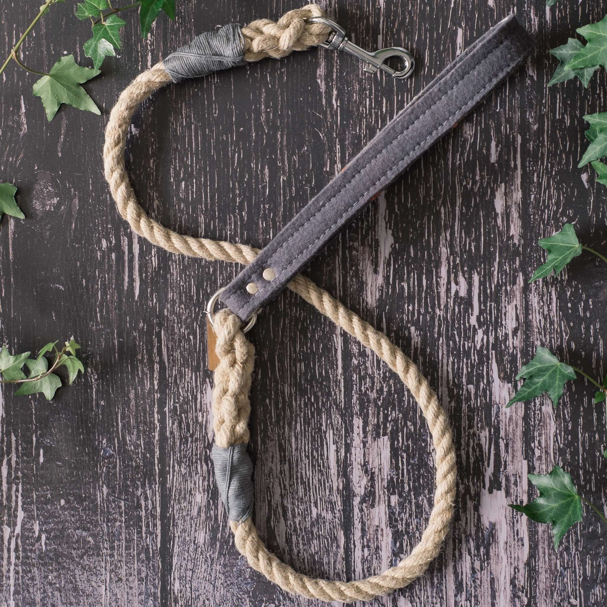 Smug Mutts Natural Hemp and Grey Wool Felt Handle Lead with Grey Whipping and Sliver Spring Snap, Natural and Eco Friendly Dog Lead