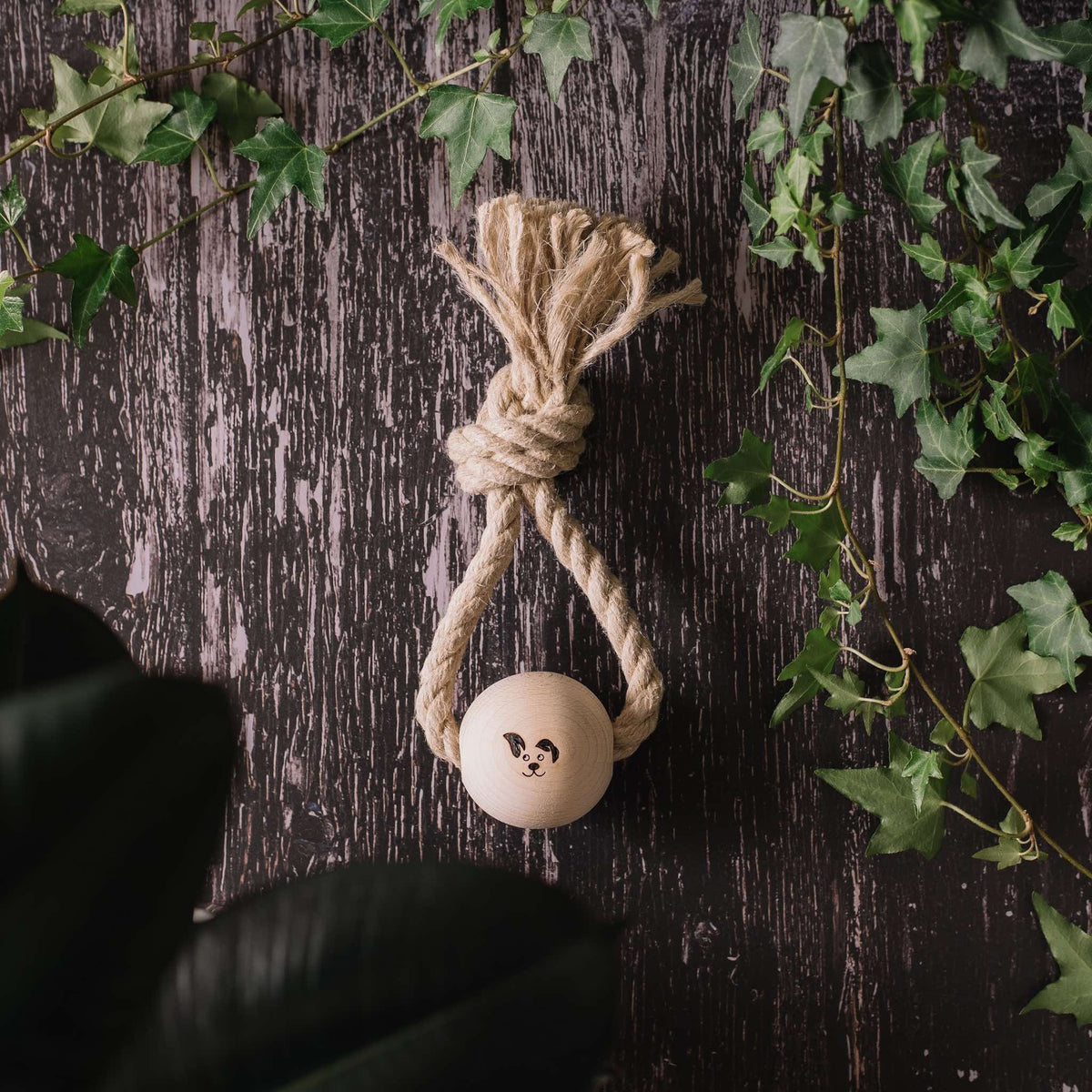 Top Knot - Smug Mutts Natural Hemp Rope and Beech Wood Dog Toy, Ring Shaped Holding the Ball in Place, Top View, Natural and Eco Friendly Dog Toy